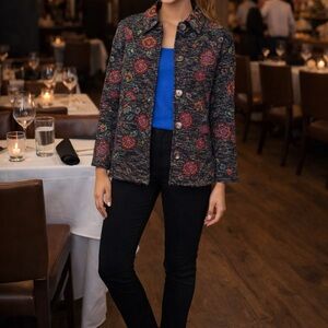 Chico's Black Floral Embroidered Button Front Jacket size 2